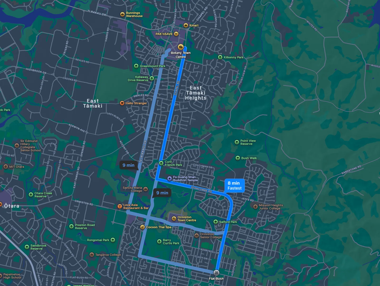 Map of the drive from Flat Bush to Botany Town Centre: 8 minutes via Stancombe Road and Chapel Road