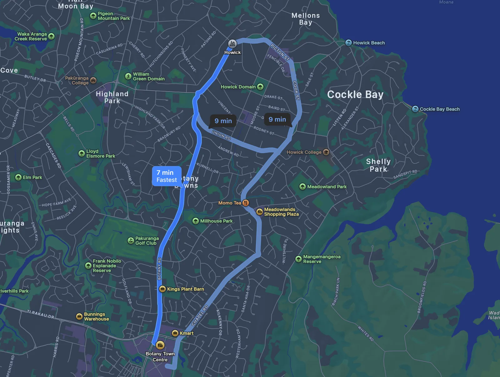 Map of the drive from Howick village to Botany Town Centre: 7 minutes straight down Botany Road