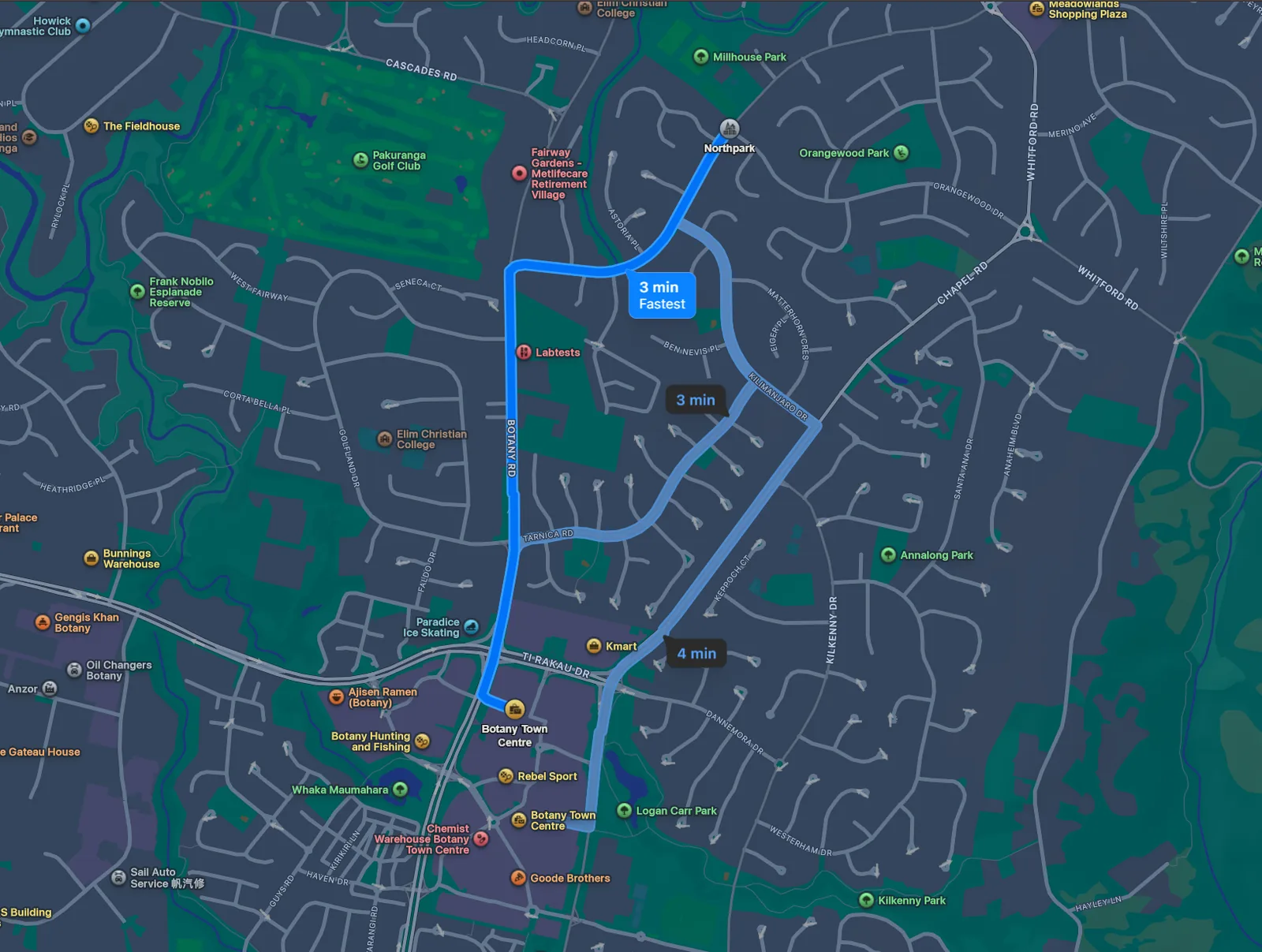 Map of the drive from Northpark to Botany Town Centre: 3 minutes down Botany Road