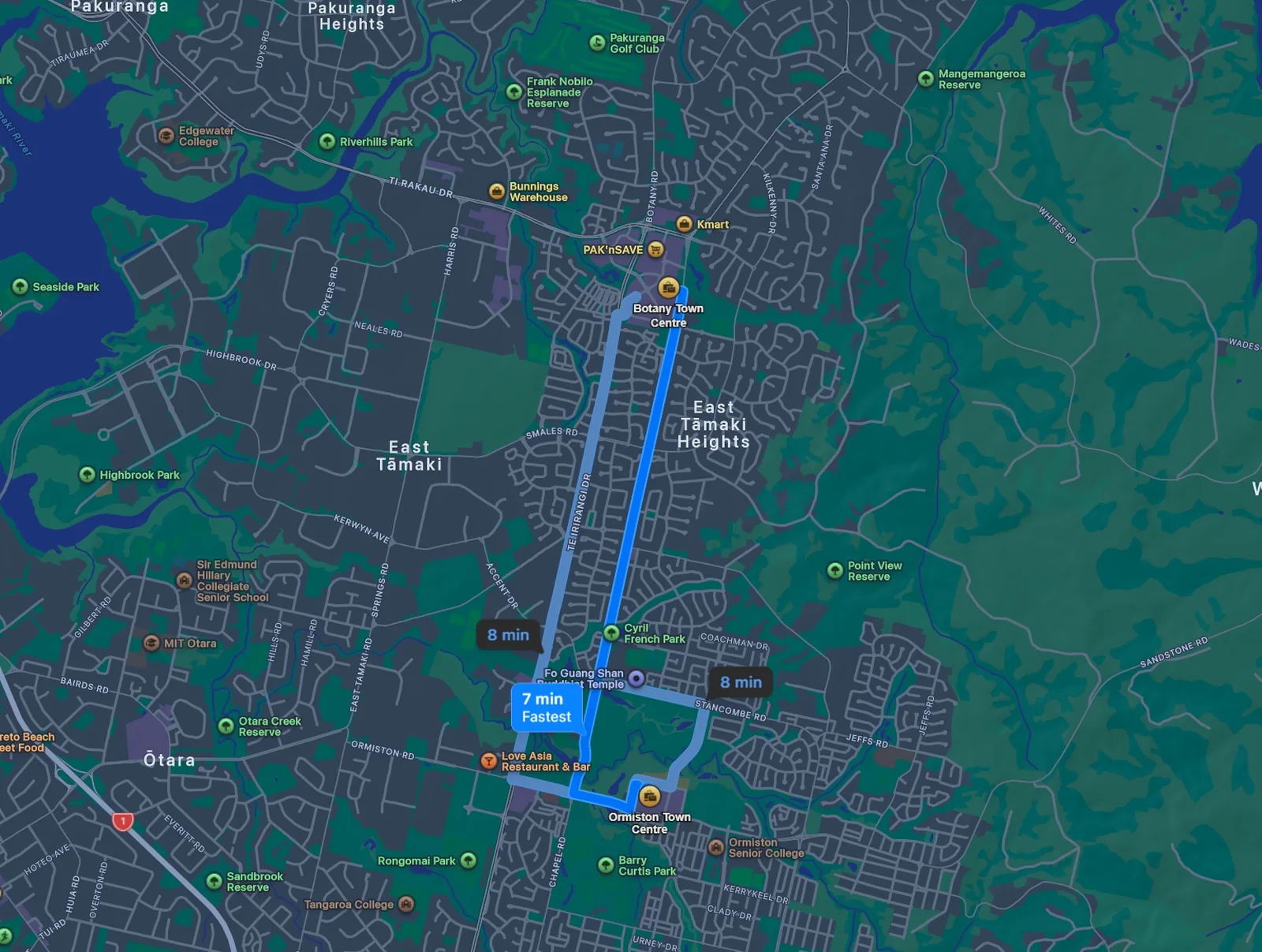 Map of the drive from Ormiston to Botany Town Centre: 7 minutes via Ormiston Road and Chapel Road