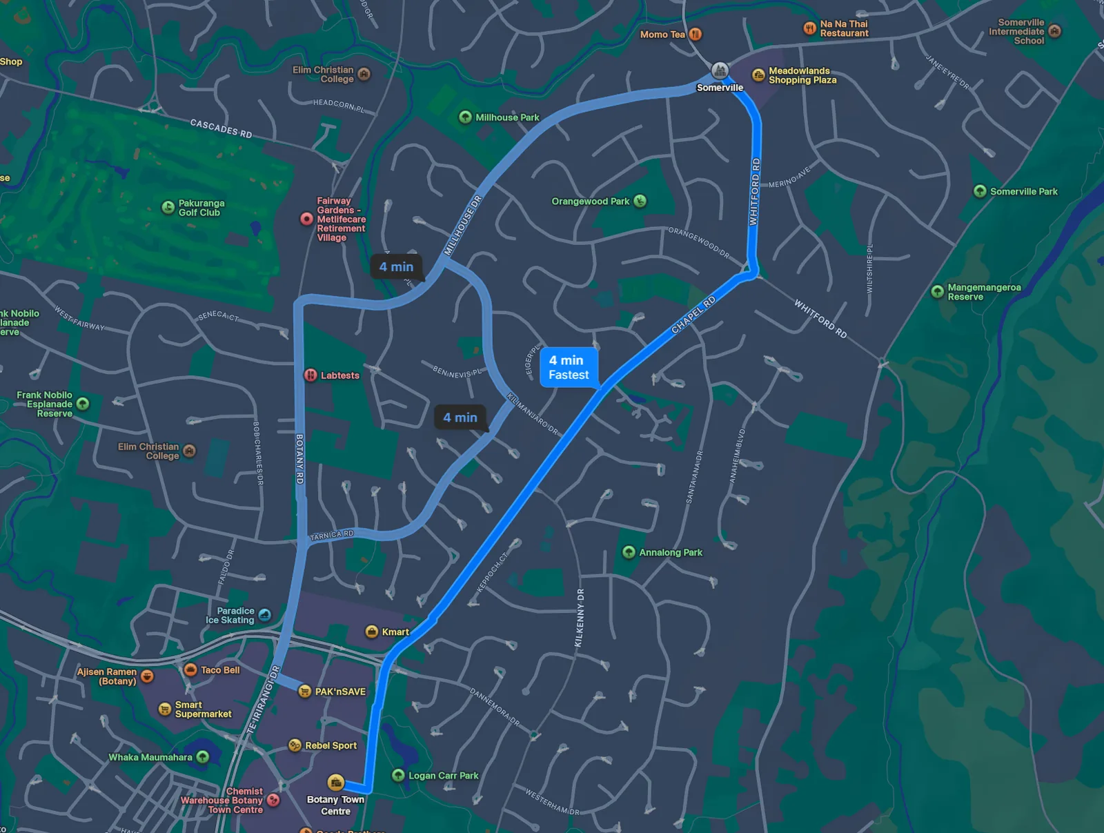 Map of the drive from Somerville to Botany Town Centre: 4 minutes down Whitford Road and Chapel Road
